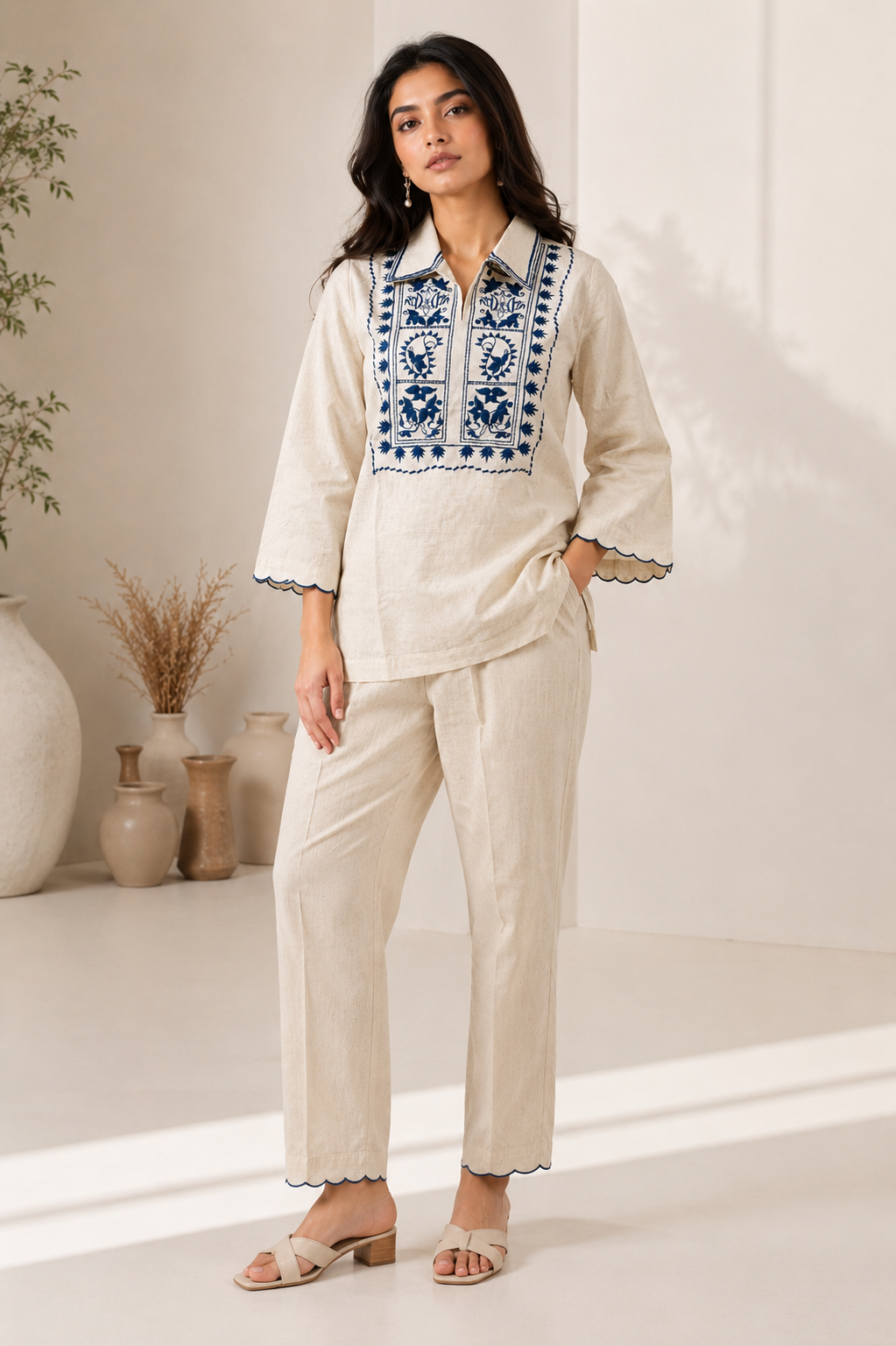 ILAAHA Cotton Blend Embroidered Tunic with Trousers Co-ord Set - Image 18
