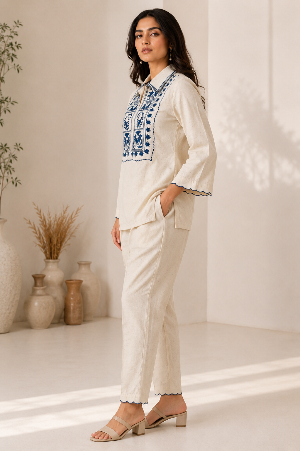 ILAAHA Cotton Blend Embroidered Tunic with Trousers Co-ord Set - Image 19
