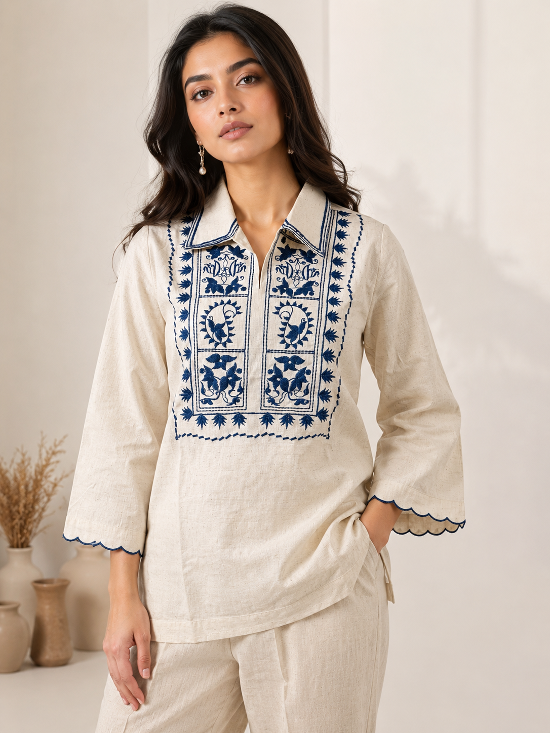 ILAAHA Cotton Blend Embroidered Tunic with Trousers Co-ord Set - Image 20