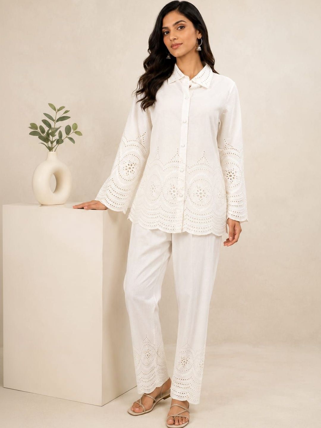 ILAAHA Schiffli Embroidered Cotton Shirt & Trouser Co-Ord Set - Image 8