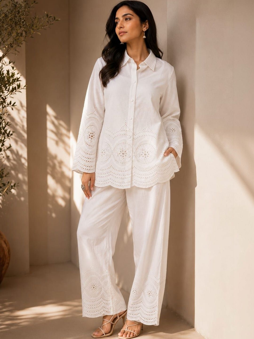 ILAAHA Schiffli Embroidered Cotton Shirt & Trouser Co-Ord Set - Image 6