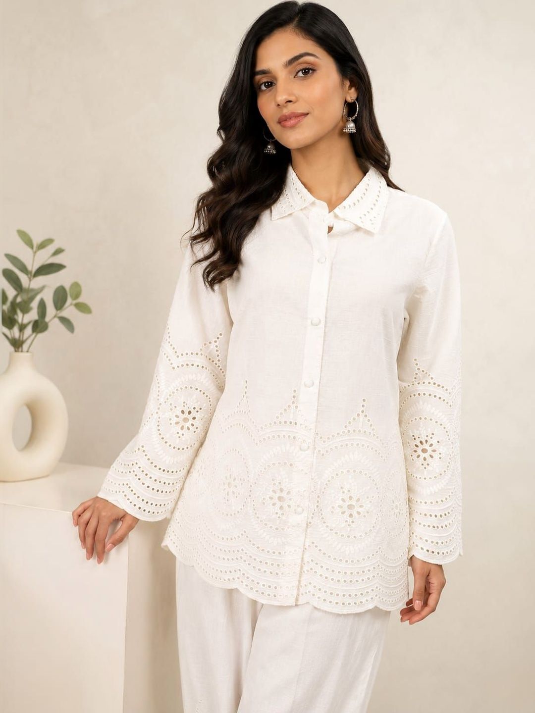 ILAAHA Schiffli Embroidered Cotton Shirt & Trouser Co-Ord Set - Image 4