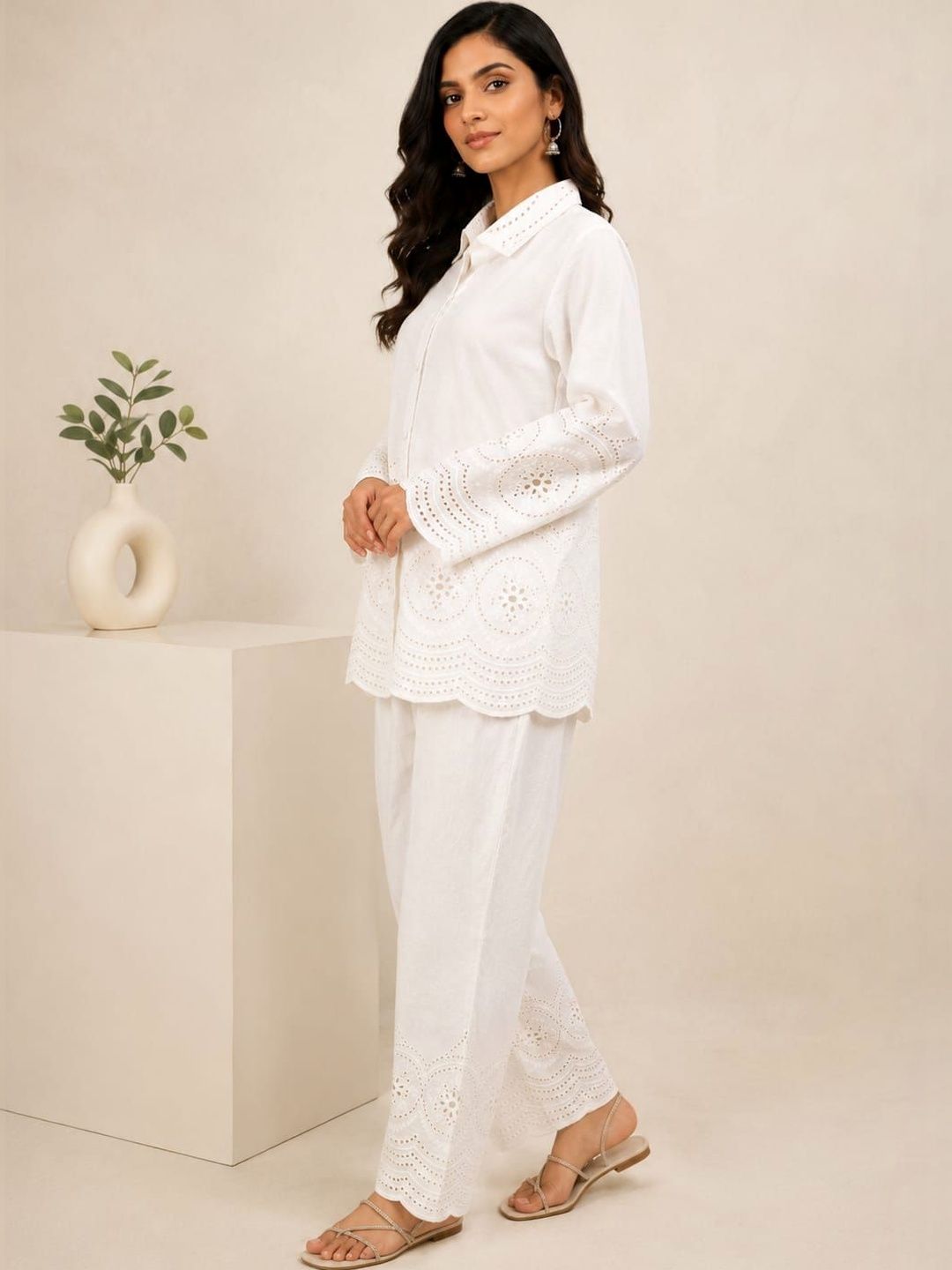 ILAAHA Schiffli Embroidered Cotton Shirt & Trouser Co-Ord Set - Image 5