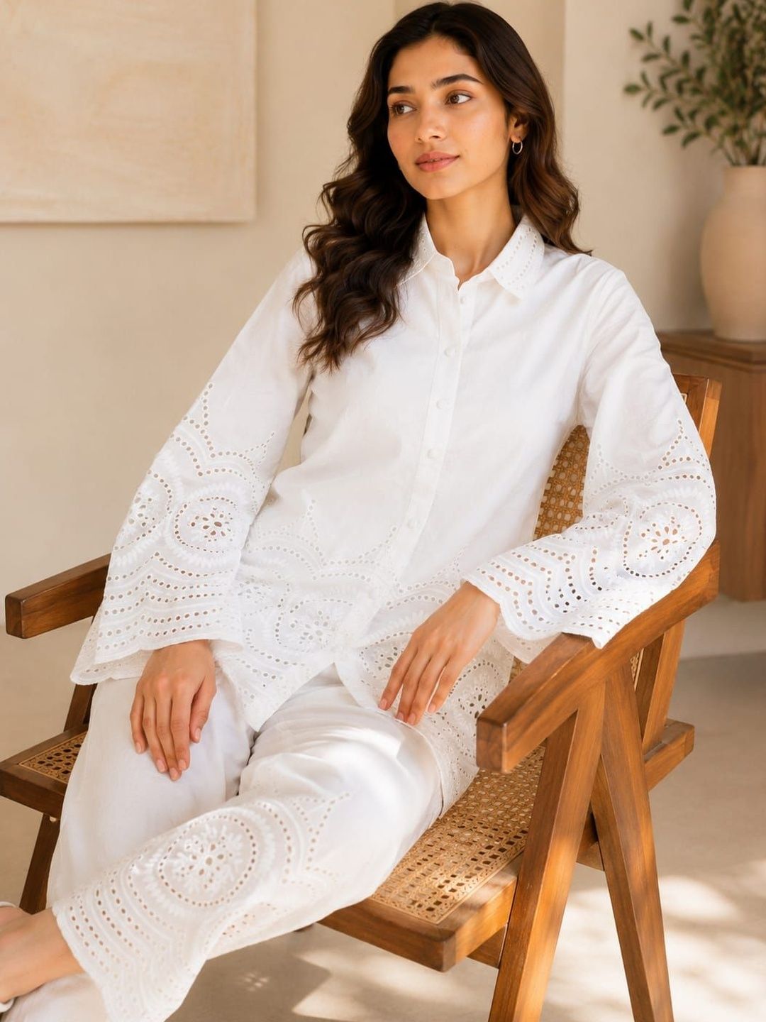 ILAAHA Schiffli Embroidered Cotton Shirt & Trouser Co-Ord Set - Image 3