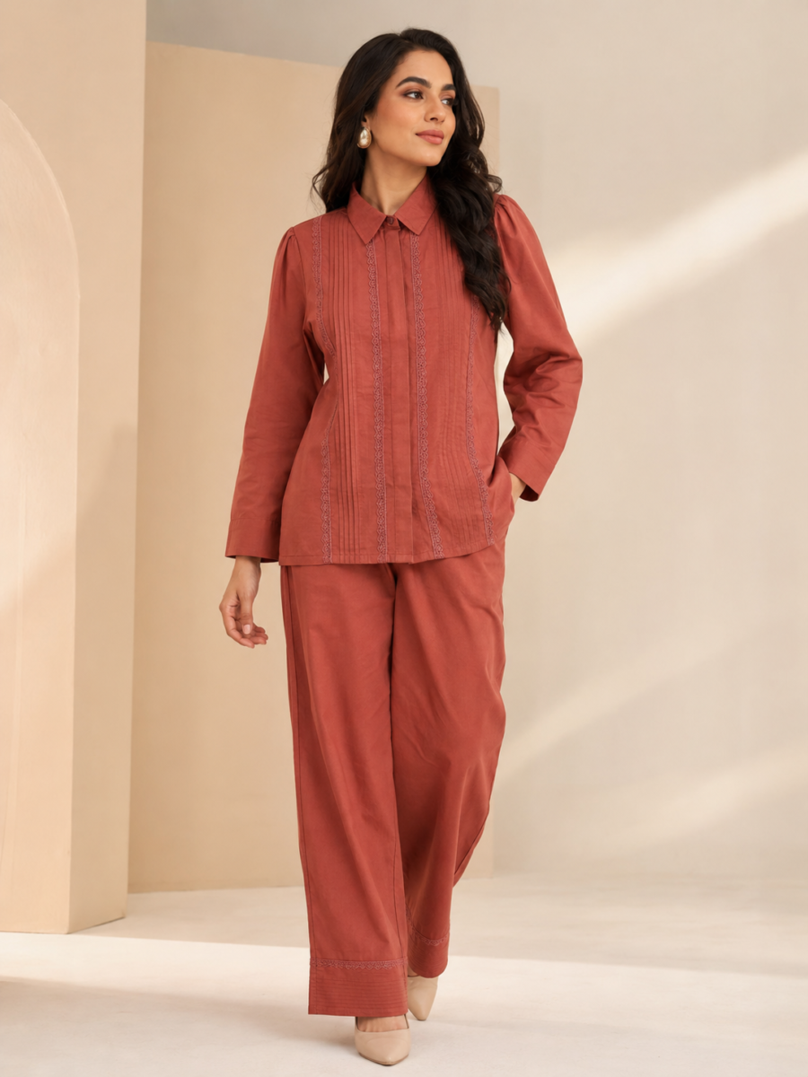 ILAAHA Pure Cotton Self-Design Shirt and Trousers Co-ord Set