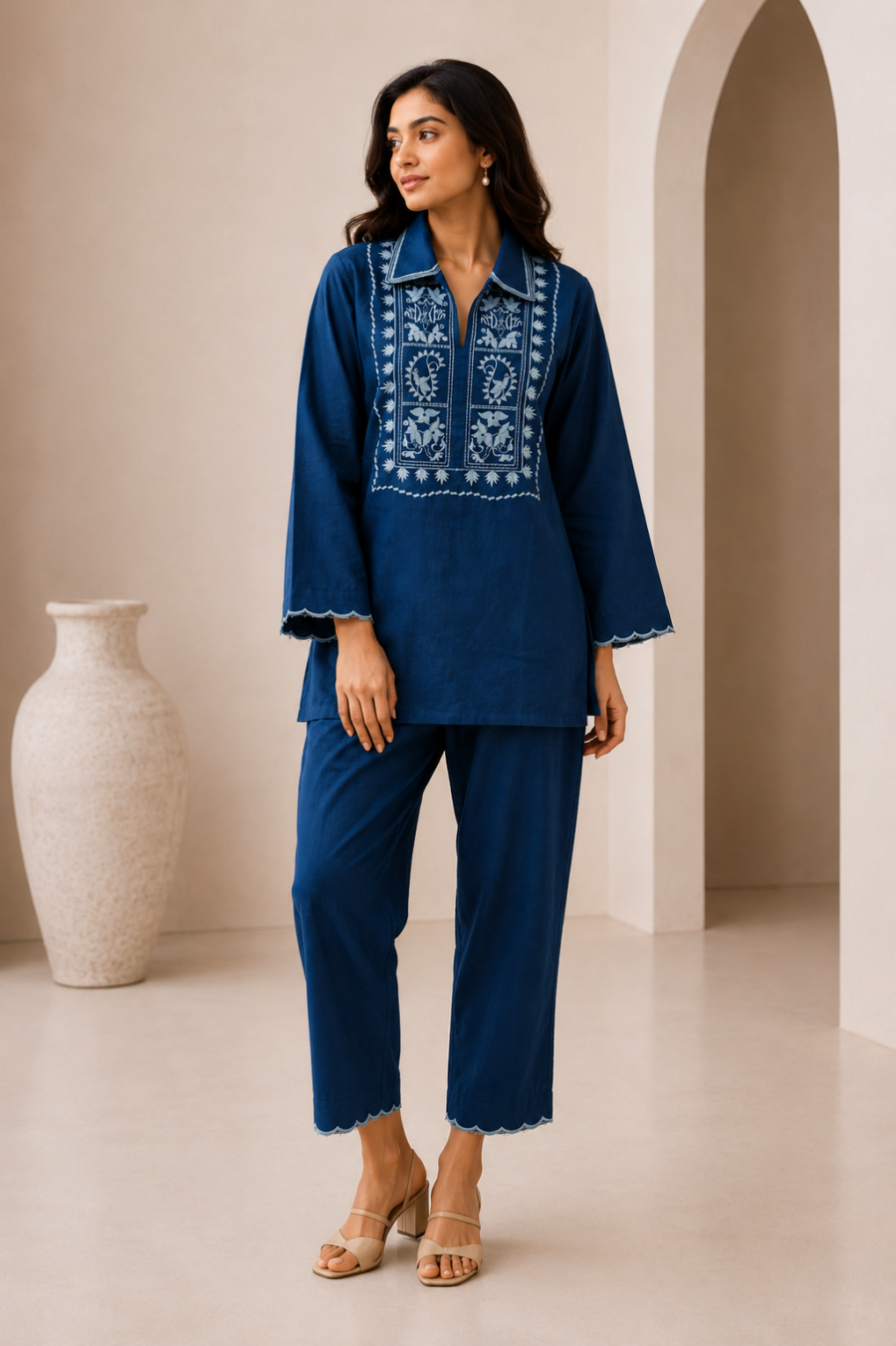 ILAAHA Cotton Blend Embroidered Tunic with Trousers Co-ord Set